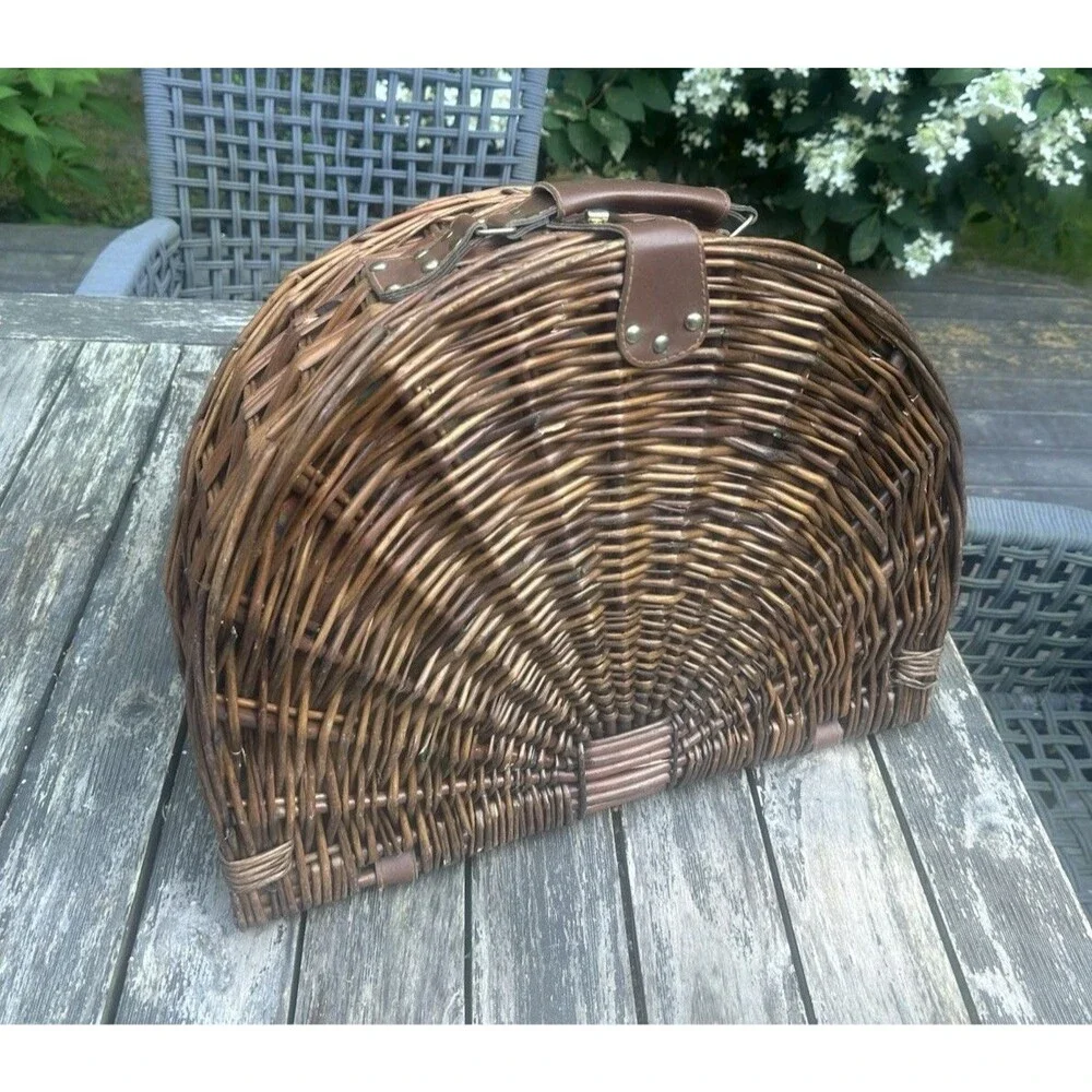 Vintage Brown Wicker Half Moon Picnic Basket Plaid Lined w Blue Dinnerware New